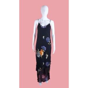 1990s-Y2K LAPIS Semi Sheer Tiered Ruffle Floral Sleeveless Maxi Slip Dress. SM
